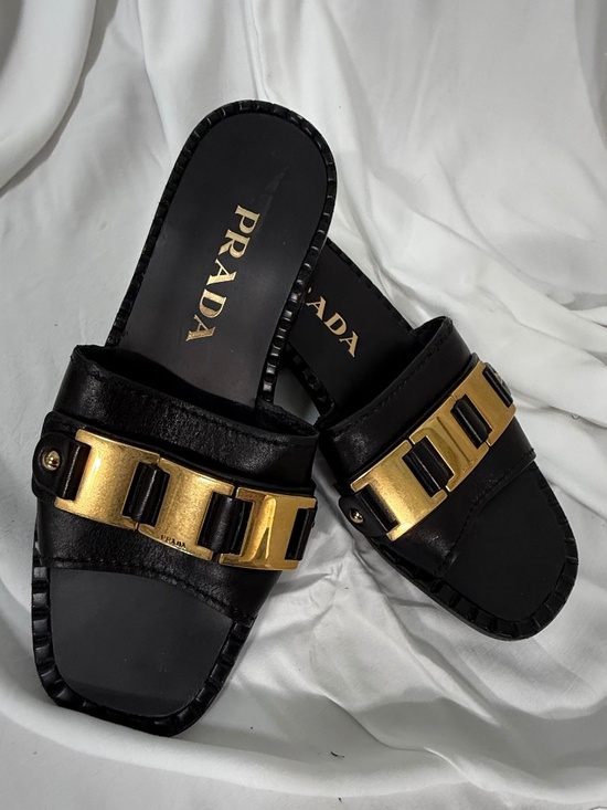 Prada Shoes - Prada Black Leather Slide Sandals with Gold Chain Accent